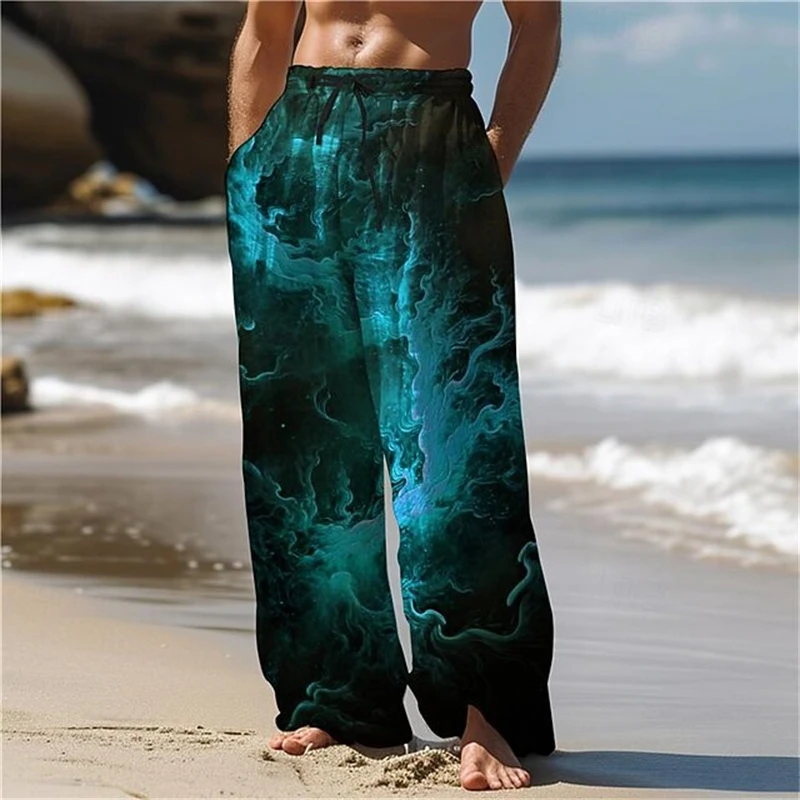 2026 New Men's Red Smoky Swirl Print Drawstring Pants Relaxed Loose Fit Perfect for Everyday Wear and Beach Vacations