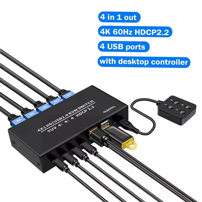 ZIZI 4K 60Hz - Compatibele USB KVM Switcher Selector 4 in 1 uit voor 4 pc delen Monitor Muis Toetsenbord 4-poorts USB HDCP2.2