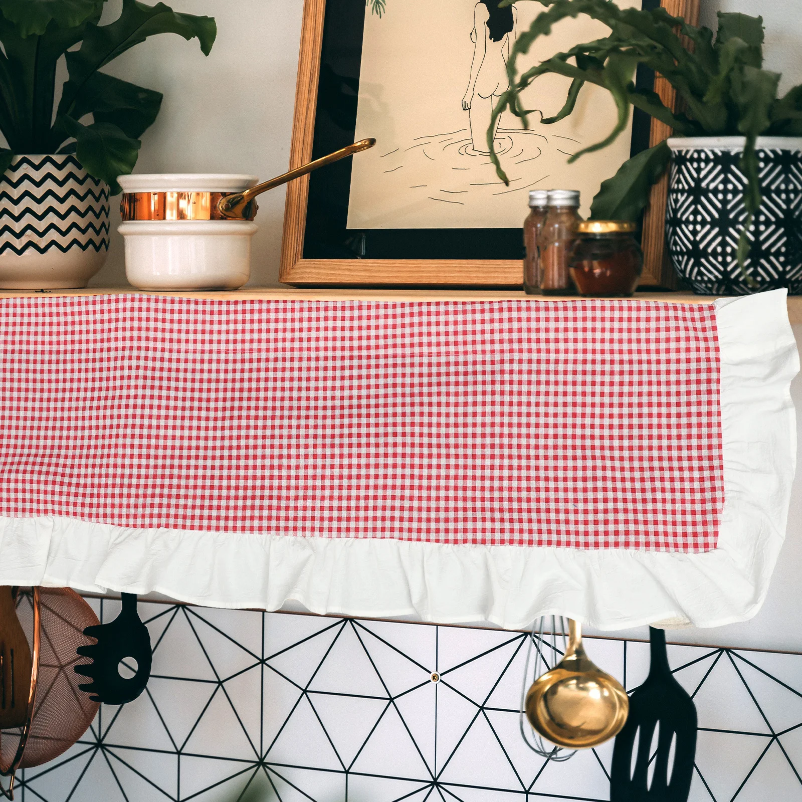 

Red White Plaid Short Curtain Valance For Kitchen Window Rustic Farmhouse Style Polyester Half Curtains Washable Light