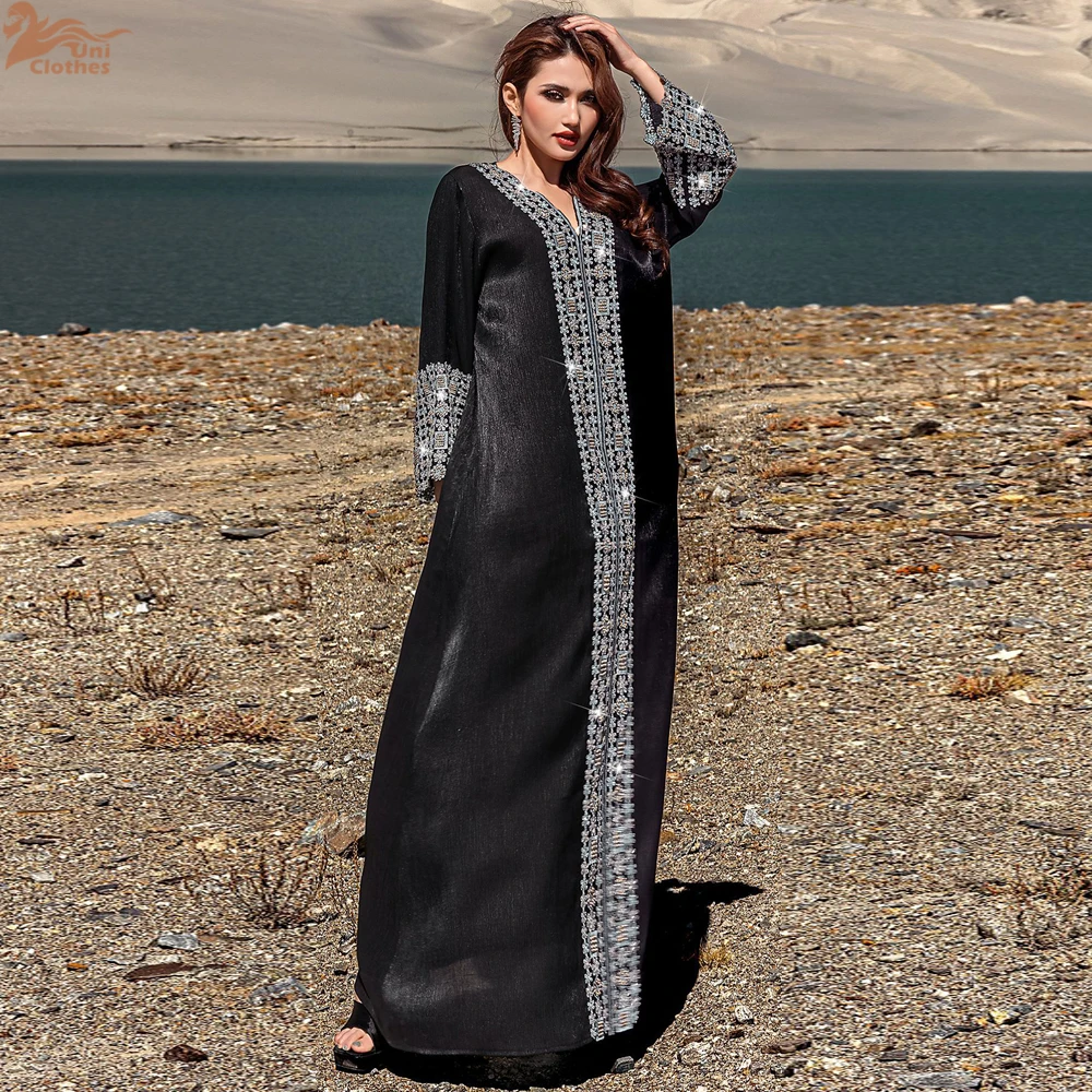 Eid Djellaba Embroidered V-Neck Long Dress for Women Muslim Abaya Kaftan Turkey Beads Lace Caftan Dubai Musulmane Femme Vestidos