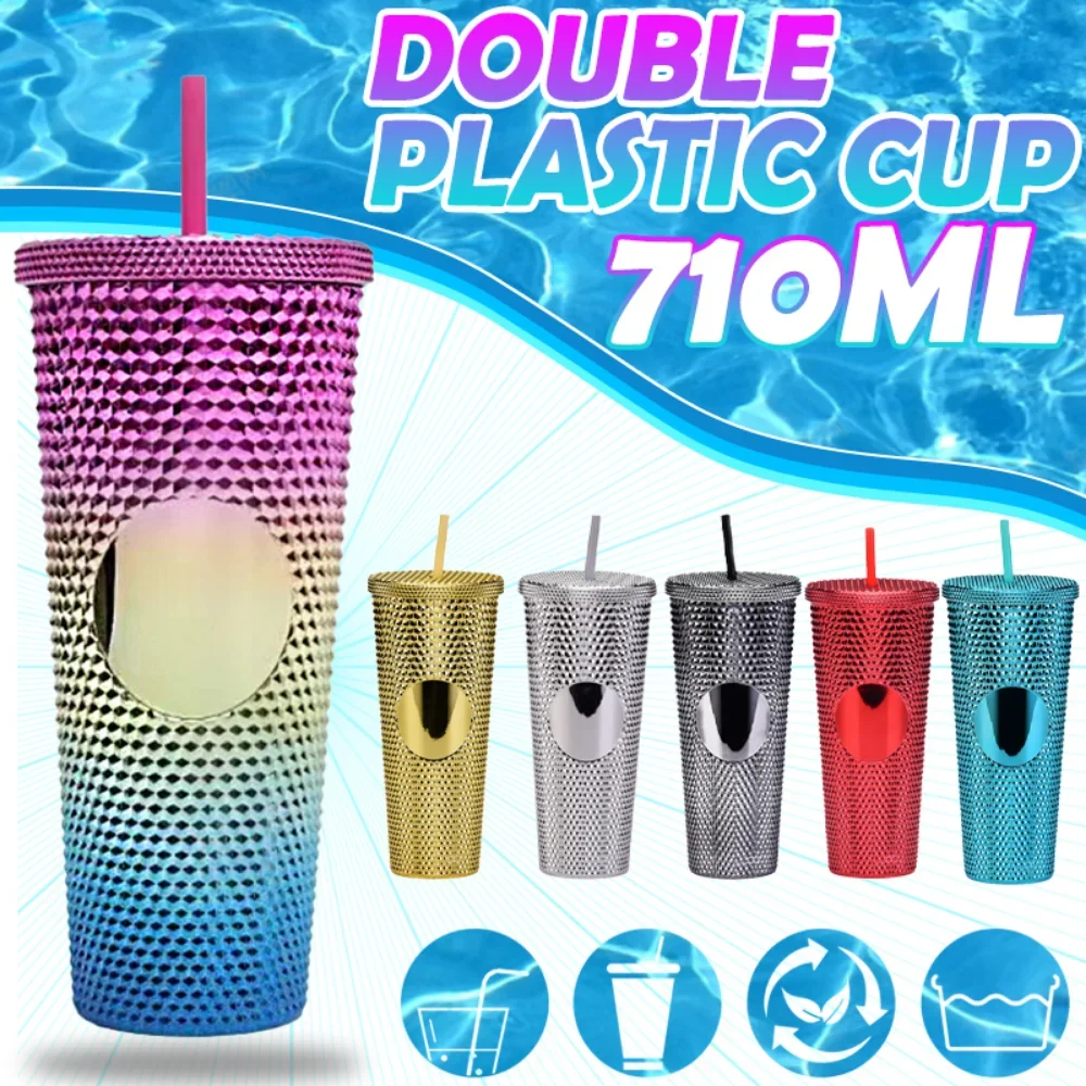 

Straw Cup with Lid Matte Finish Double Wall Coffee Mug Plastic Studded Durian Tumblers Cold Bling Cup Drinkware Accessories