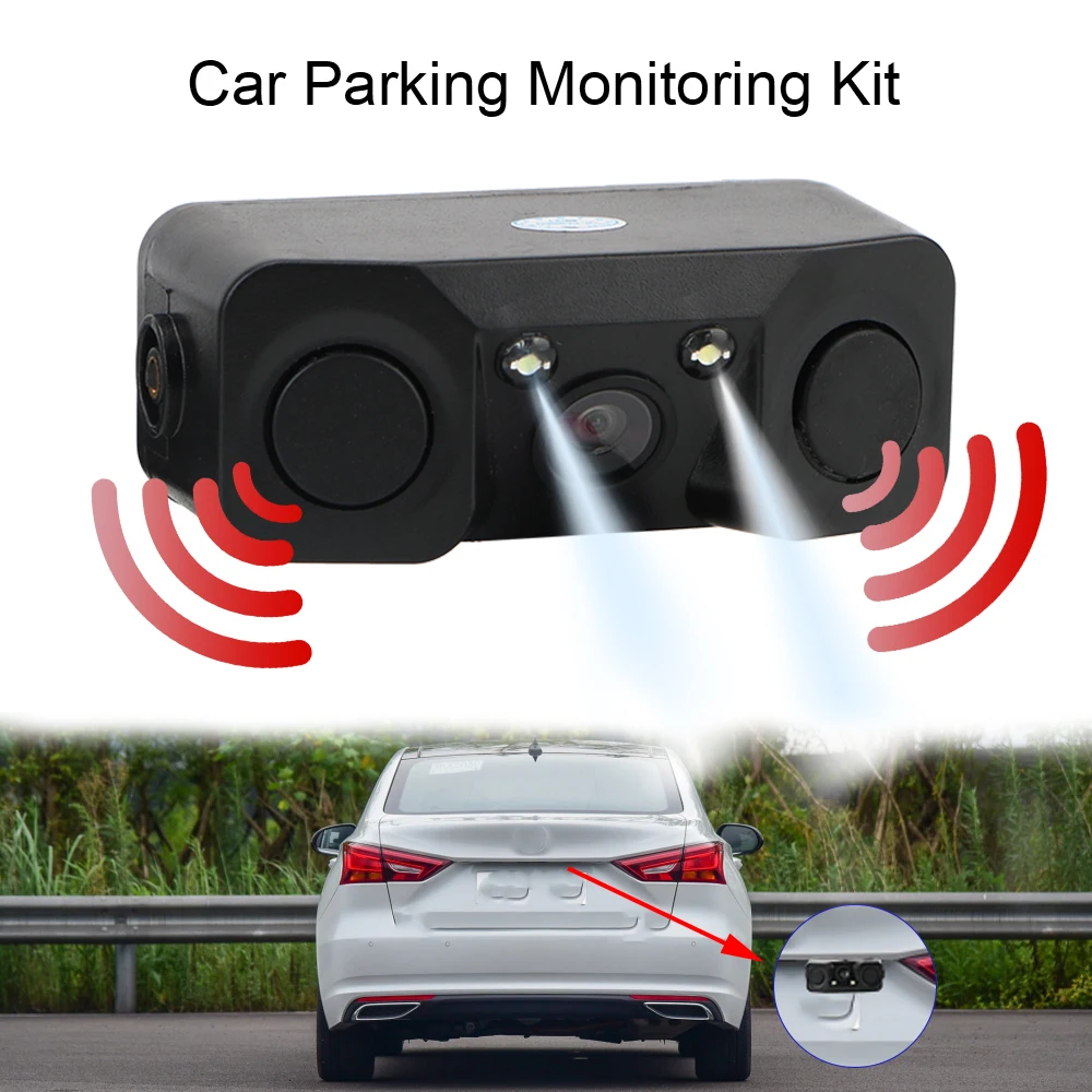 LED Light Rear View Camera Car Accessories Night Vision DC 12V Universal Reversing Radar Sensor Detector 3 In 1 Mini Alarm