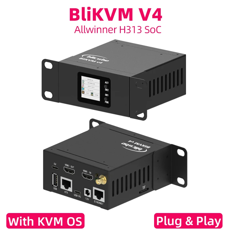 BliKVM V4 Allwinner H313 Soc, 1.33 인치 디스플레이, KVM-Over-IP PoE HDMI 호환 가능 비디오 루프 스루, KVM OS 플러그 앤 플레이