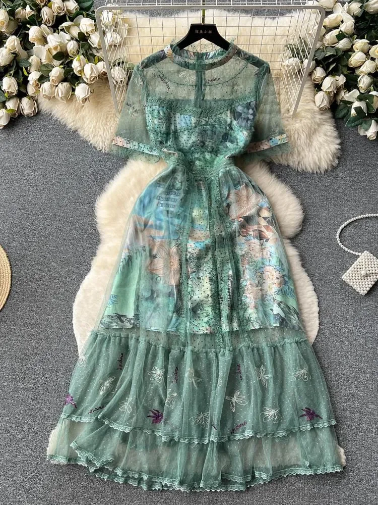 

Summer Ruffles Mesh Flower Embroidery Dress Women Stand Long Sleeve Cartoon Print Patchwork Green Tulles Party Vestidos