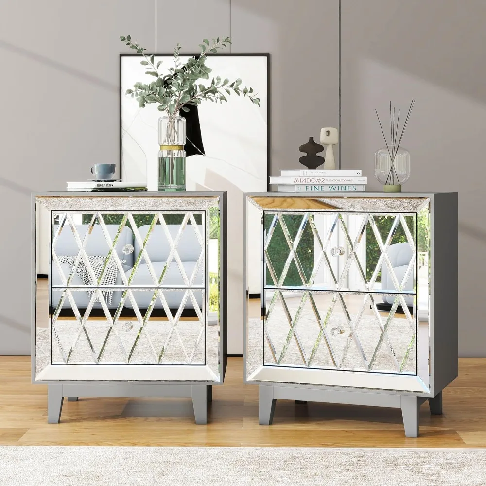 Set of 2, Modern Bedside Table 2 Drawer Glass Side End Table Silver Dresser for Bedroom,Living Room 18”L x 11.8”W x 22”H