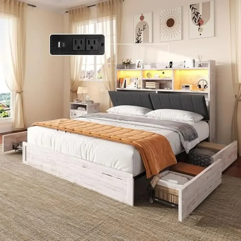 Rustic White Full Size LED Bed Frame with Bookcase Headboard and 4 Storage Drawers Charging Station Stable Metal Frame Easy