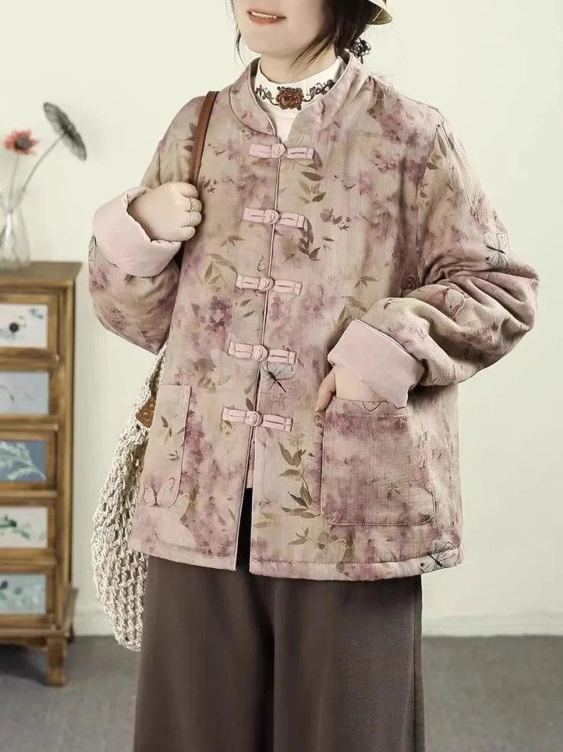 

Художественное ретро китайское стильное короткое пальто с воротником-стойкой и принтом, женская осенне-зимняя свободная куртка на пуговицах с контрастной пластиной w1025