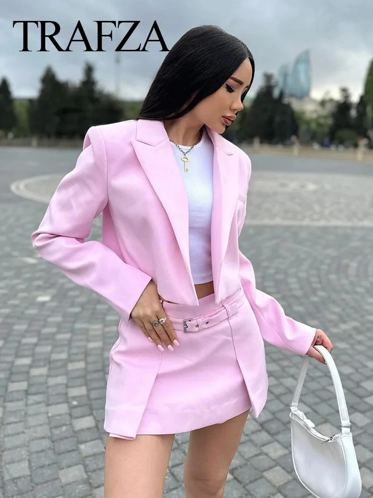 TRAFZA Women Casual Blazer Skirt Set Solid Thin Long Sleeve Top+Zipper Belt Fold Mini Skirt Shorts 2024 Office Lady 2 Piece Sets