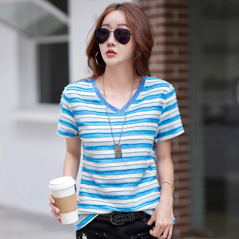 #0274 Summer Striped T Shirt Women Short Sleeve V-neck Vintage T-shirt Femme Slim Spliced Color Cotton Thin Streetwear Tshirt