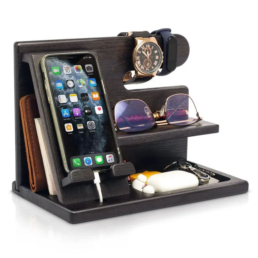 

Wood Phone Docking Station for Men Desktop or Nightstand Organizer Birthday Gifts for Men, Dad Anniversary Idea from Wife Key Ho