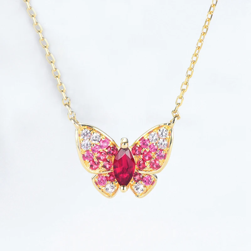 HELON Solid 18k Yellow Gold Marquise Cut Genuine Ruby & Pink Sapphire Necklace Women Butterfly Colorful Gemstone Fine Jewelry