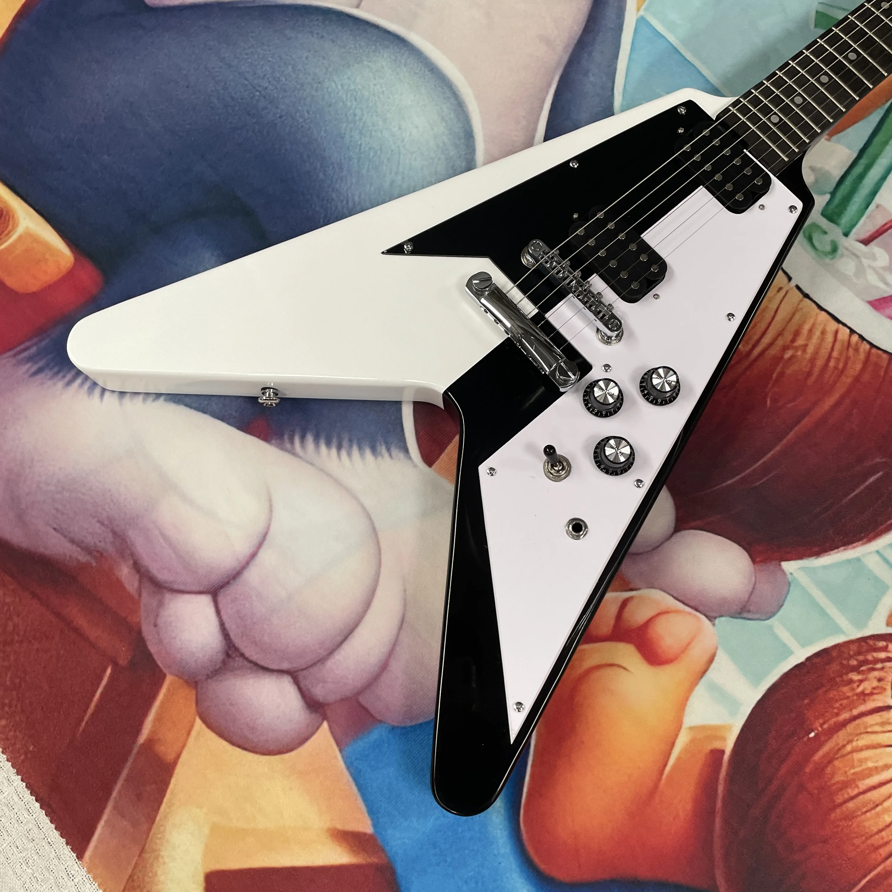 Guitarra Eléctrica Blanca en Forma de V, Cuerpo de Caoba, Diapasón de Palisandro, 22 Trastes