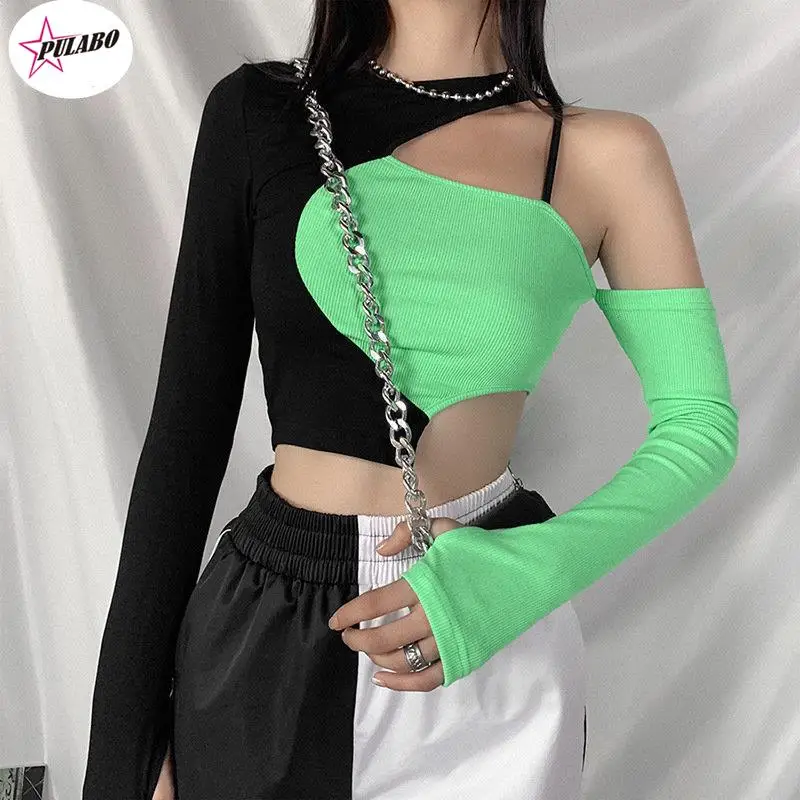 PULABO Tees Punk Sexy Black Green Patchwork Top Gothic Bodycon Hollow Out Long Sleeve T-shirt Streetwear Chic Backless Cropped