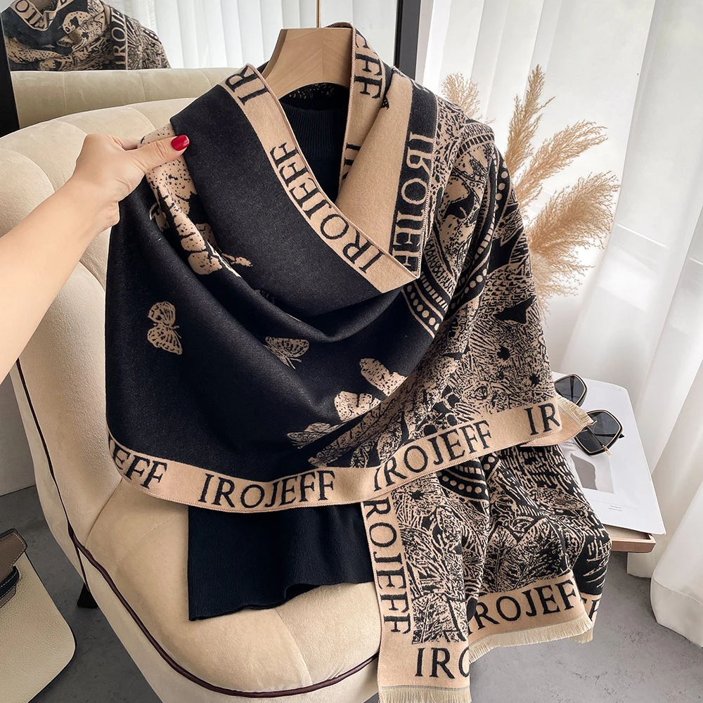 New Luxury Winter Rose Two-Sided Cashmere Jacquard Scarves High Quality Women Thicken Wrap Shawl Ladies Wool Pashmina Scarf