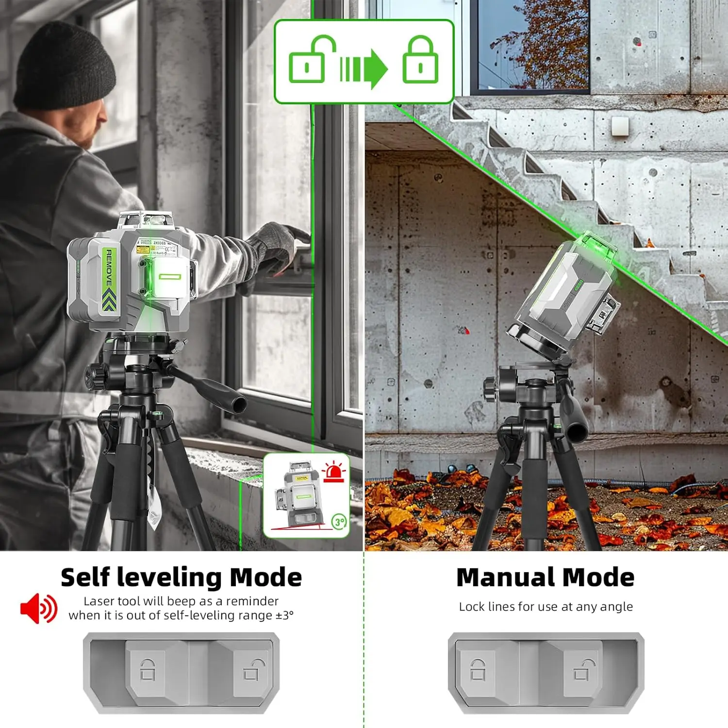 Huepar High Accuracy 3D Laser Level Professional 12 Lines Self Leveling Green Beam Cross Line Laser Tool &8000mAh Li-ion Battery