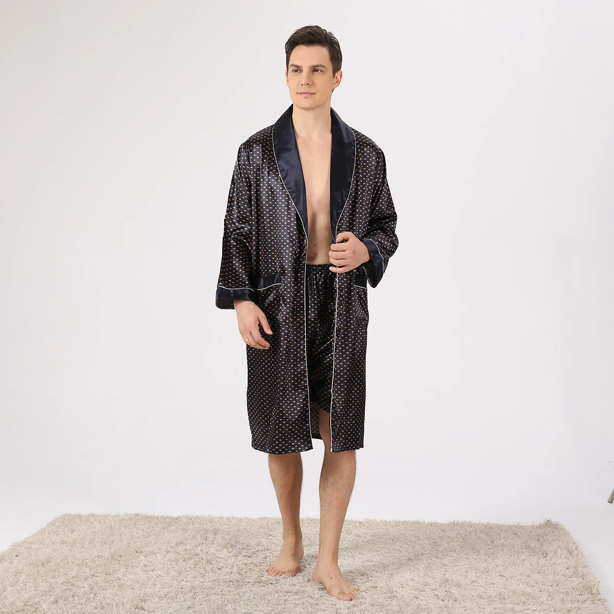 Plus Size 3Xl Kimono Men Home Clothes Satin Long Sleeve Robe Sets for Male Cardigan Bath Robe Bathrobe Gown Mens Robes Sleepwear