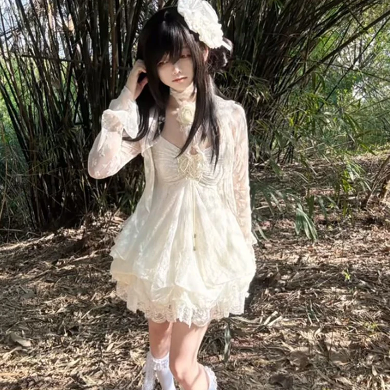 ลูกไม้ Sweetheart สีขาว Camis ฤดูร้อนญี่ปุ่นชุดมินิแขนกุด Ruffled Pod Drawstring ชุดราตรี Vestidos