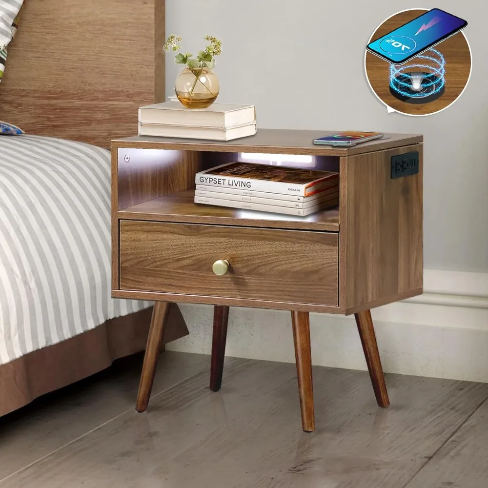 

Nightstand with Charging Station & LED Light & Wireless Charger, Mid Century Modern Bed Side Table with Wood Legs for Bedroom