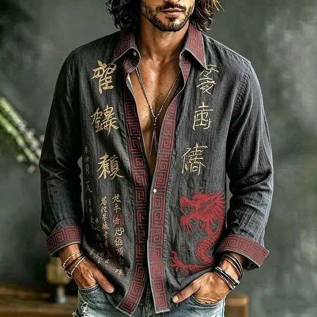 New Tibetan Blue Star Moon Gilded Wave 3D Printed Pattern Shirt Art Retro Men's Casual Long Sleeve Shirt
