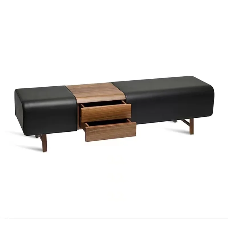 

Minimalist bedroom bedside solid wood storage bench leather modern light luxury