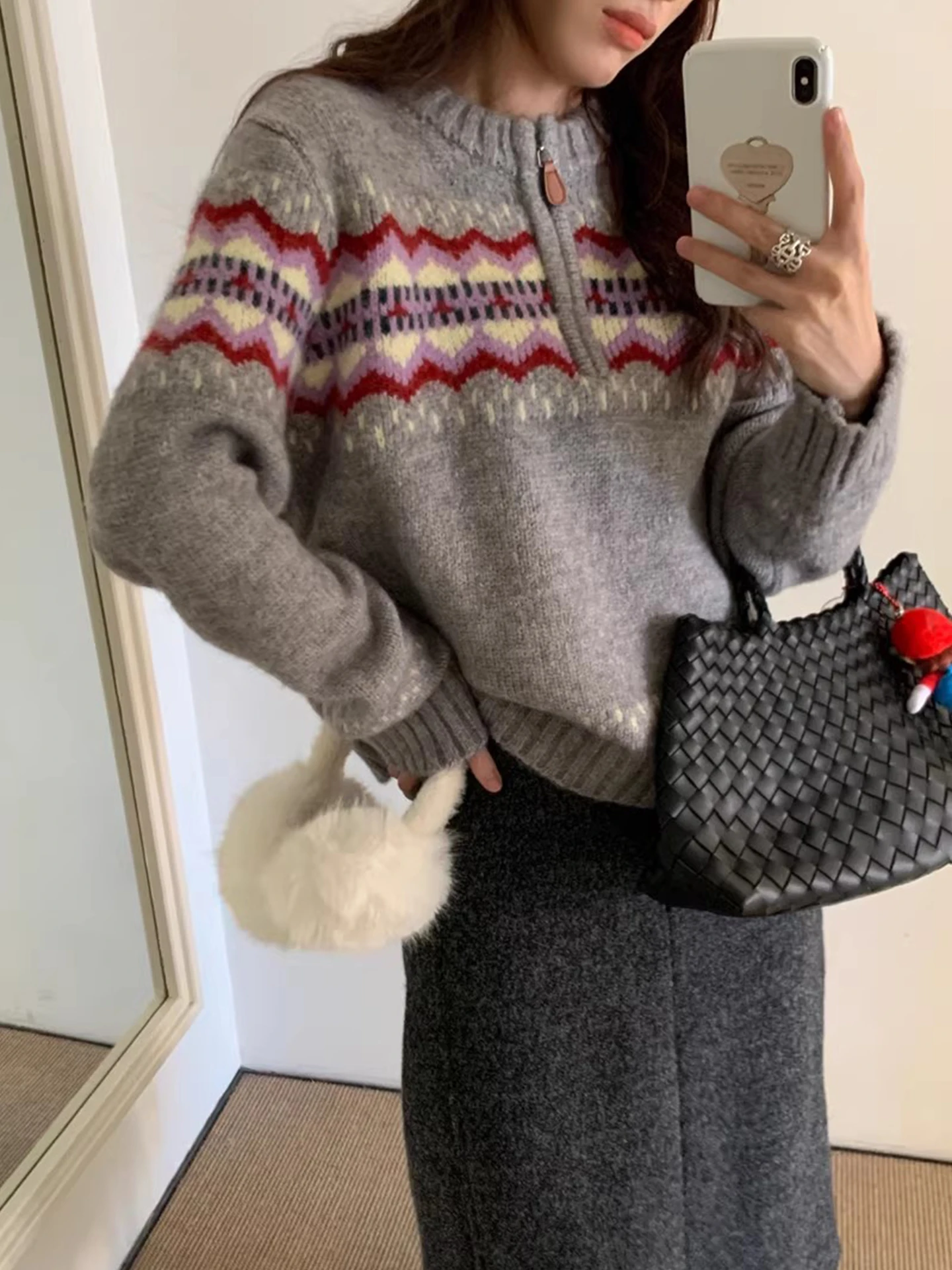 

Вязаный свитер в стиле ретро, женское зимнее Thiened, повседневный универсальный трикотаж на молнии, длинный воротник-стойка