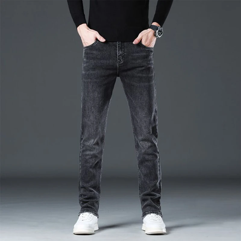 2026 Men Comfortable Breathable Jeans Male Casual Versatile Stretch Straight Leg Denim Pants Fashion Trend Solid Color Trousers