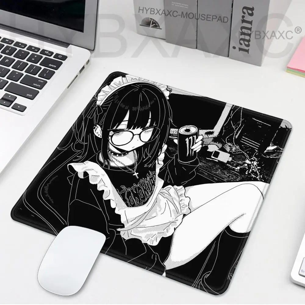 HYBXAXC E-Sports Gaming Mouse Pad Pixel Aesthetics Anime Girl Mousepad Non-Slip Surface Small Mats Office Black White Tablepad