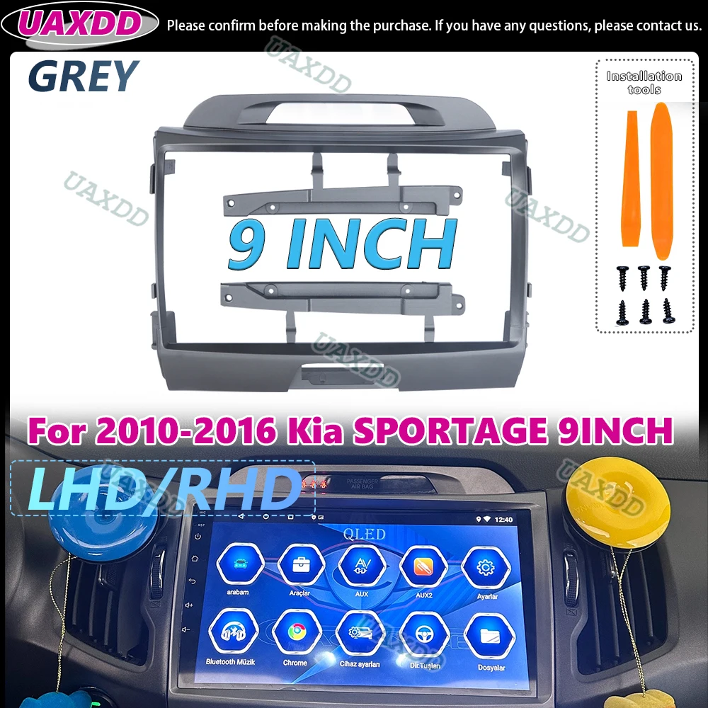UAXDD 2 Din Car For 2010-2016 Kia SPORTAGE 9INCH Android navigation frame GREY panel fascia Kit cable video harness adapter DVD