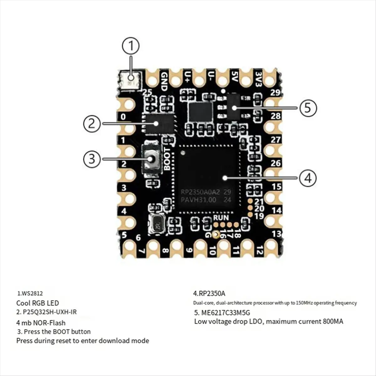 DT77 RP2350-Core-A for Raspberry Pi Pico 2 Stamp Hole Development Board RP2350 Multifunction Dual Core Processor