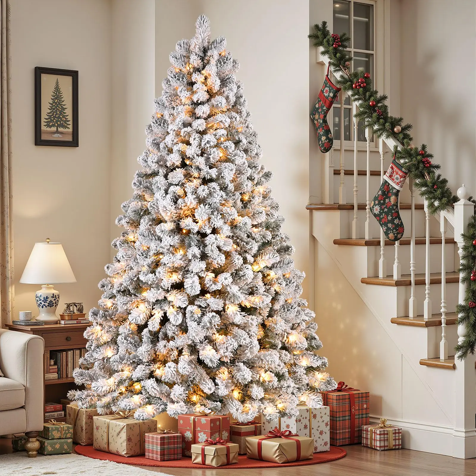 7ft Snow Flocked Spruce Pre-lit Artificial Christmas Tree, White