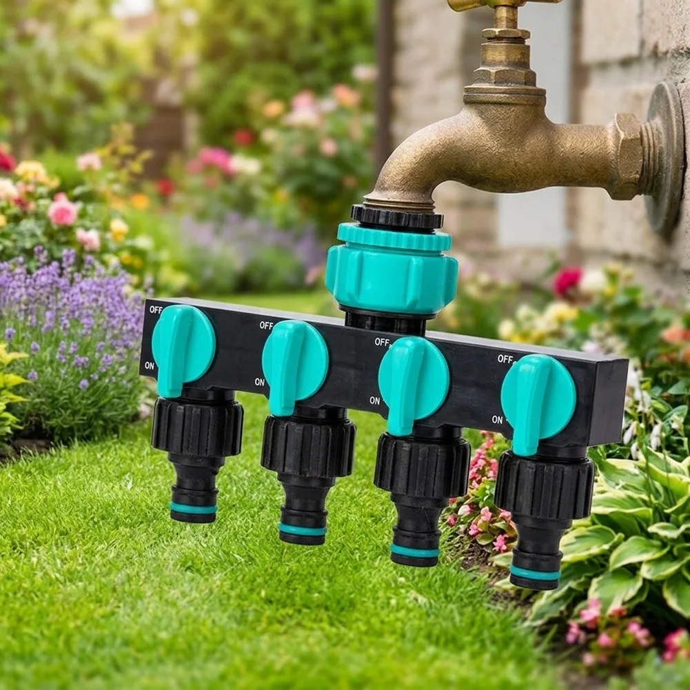 Outdoor Tap Manifold 4 Way Water Splitter For Multi-hose Watering Individual Flow Control Independent Outlets For 1 Inch Hose