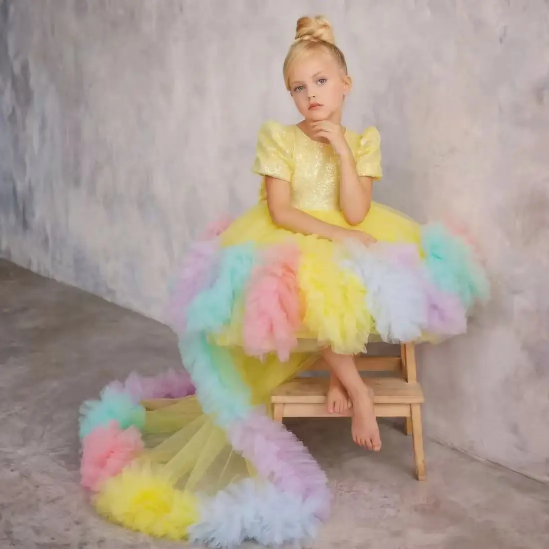 Customized Elegant New 2026 Rainbow Baby Girl Birthday Party Ball Gown Sweep Train O-neck Short Length Kids Pageant Dresses
