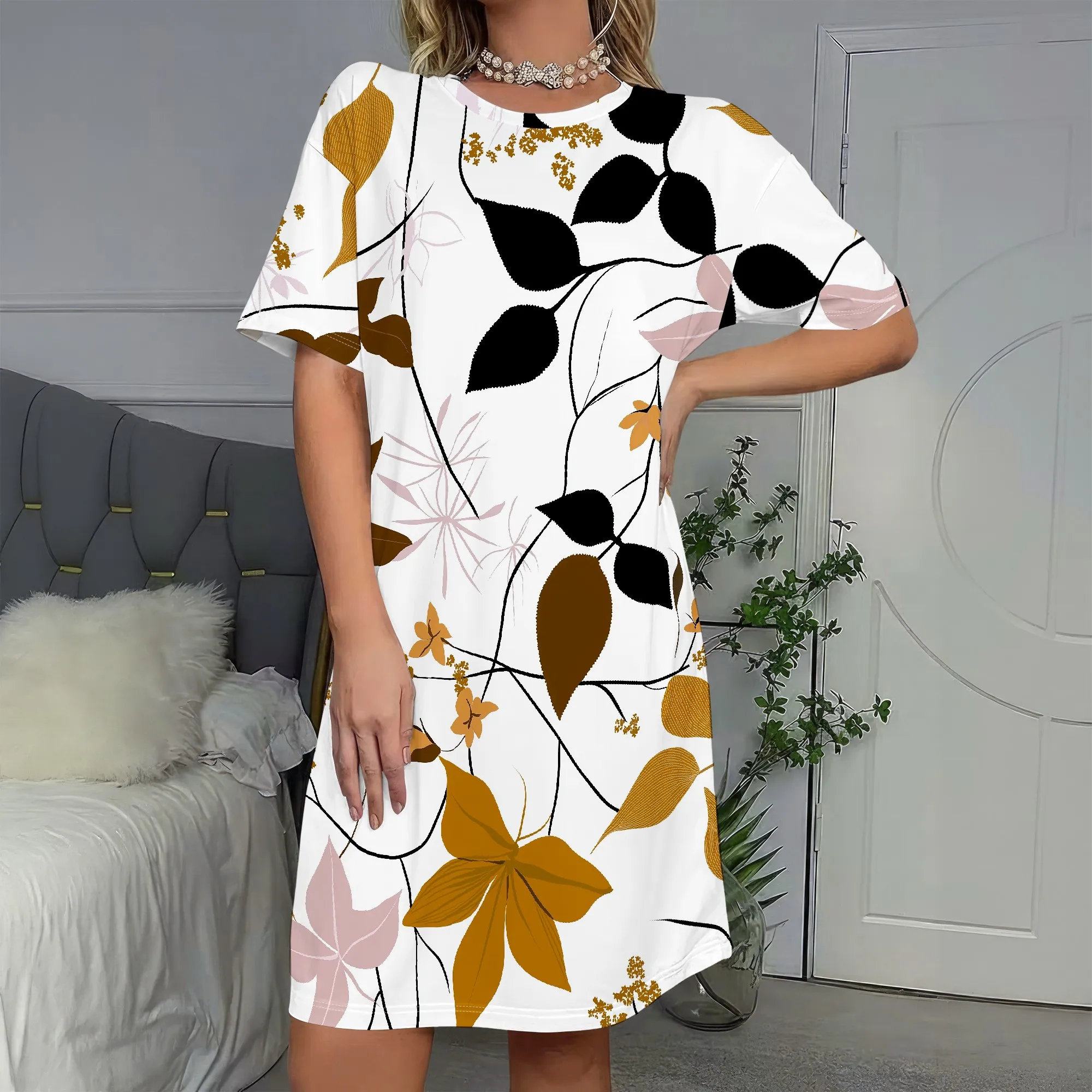 

Botanical Print, Short Sleeve Dress, Leaf Pattern Tunic, Casual Summer Wear, Women's Mini Shift Dress S-2XL