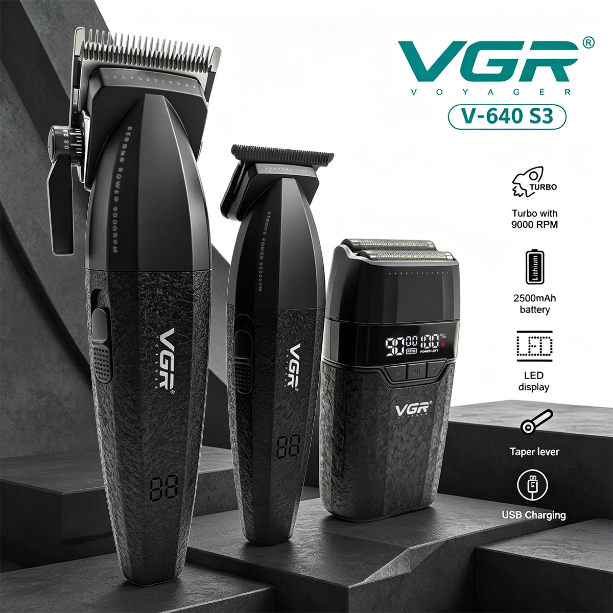 VGR Hair Trimmer Professional Hair Cutting Machine 9000 RPM Barber Shaver Cordless Hair Clipper LED Trimmer for Men V-640 S3