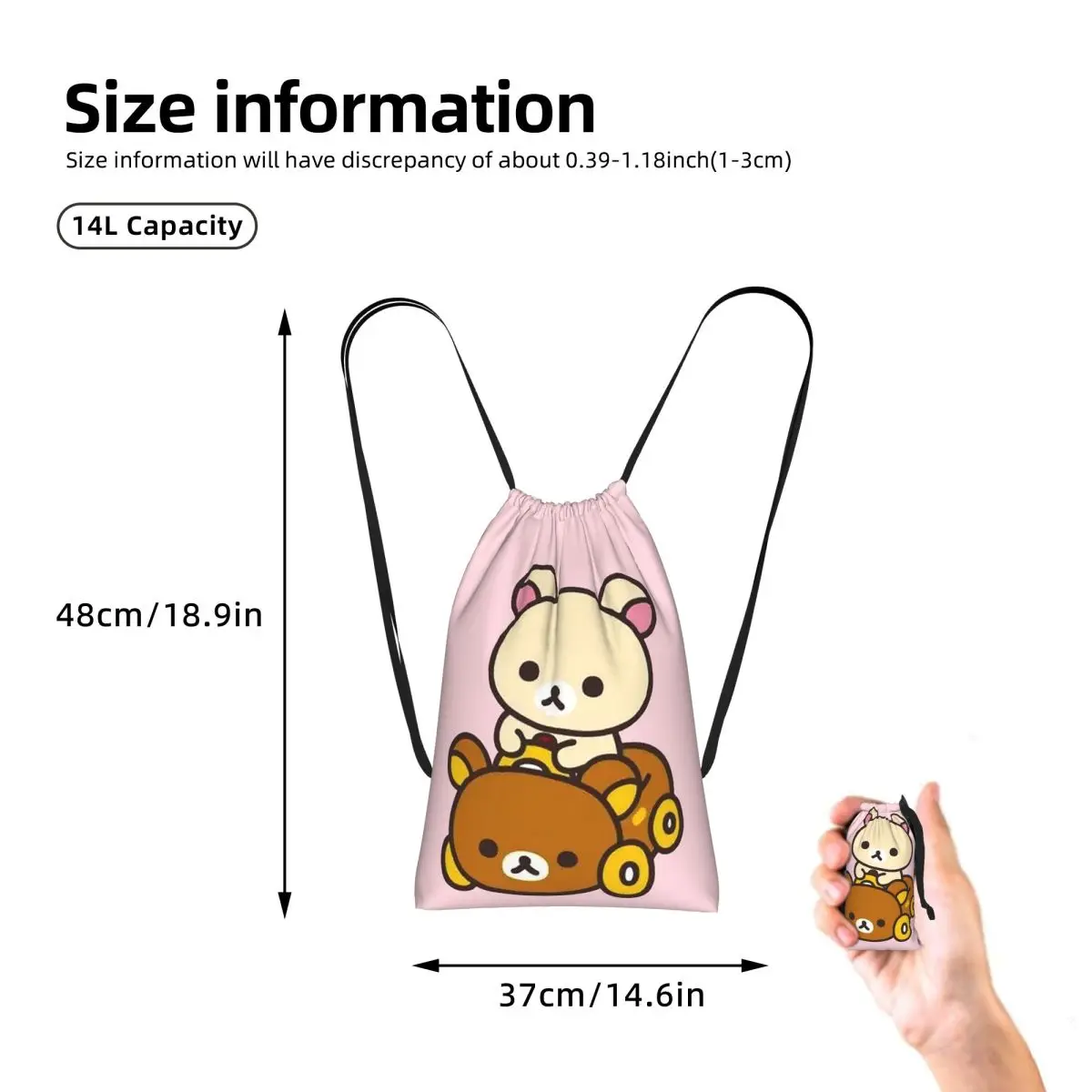 Korilakkuma Driving A Rilakkuma Car Drawstring Backpack hiking cycling Bag Lightweight Foldable Storage Drawstring Bag Men Women