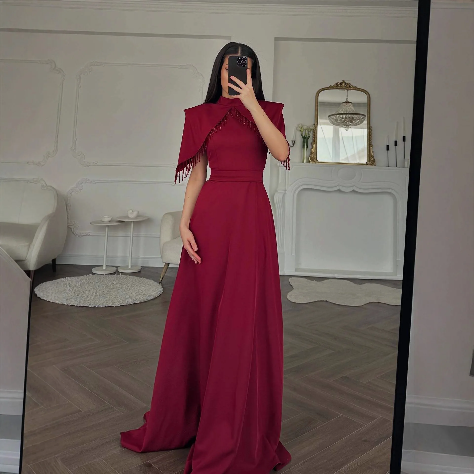 Damen-Abendkleid mit Stehkragen und Quasten, figurbetont, lang, mit weitem Saum, elegant, anmutig, vielseitig für Bankette, Dates und Gastgeberinnen