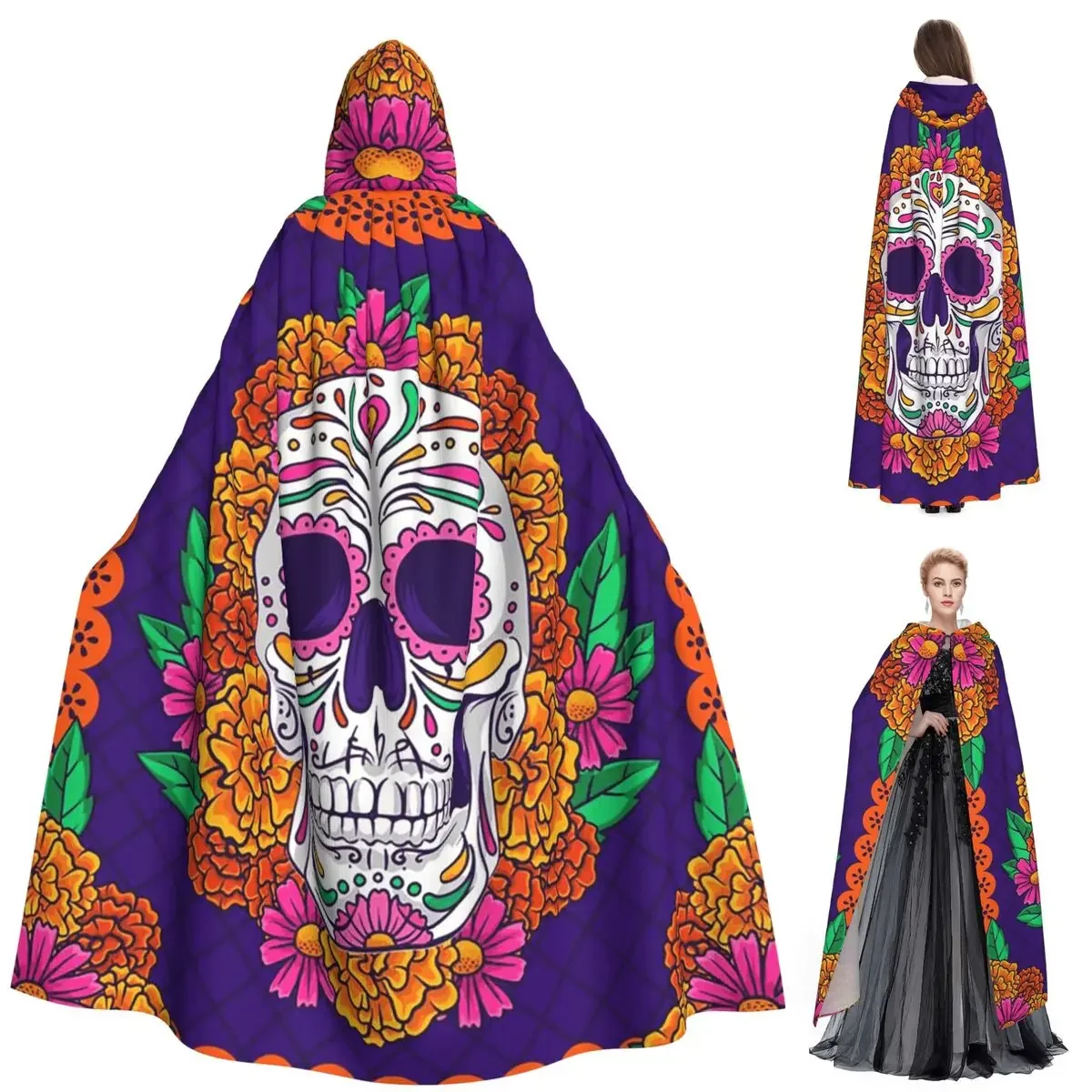 

Мексиканский череп Калавера иллюстрация длинный плащ с капюшоном ведьма средневековый костюм косплей накидка Хэллоуин вампир для взрослых унисекс
