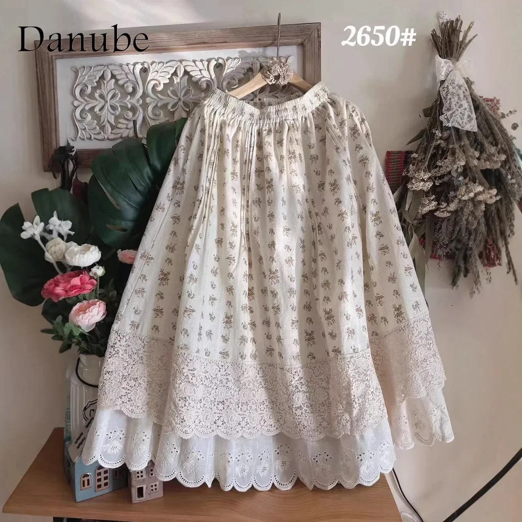 Vintage Flower Hollow Out Patchwork Long Skirt Women Spring Mori Style Elegant High Waist Pleated Boho A-line Cotton Linen Skirt