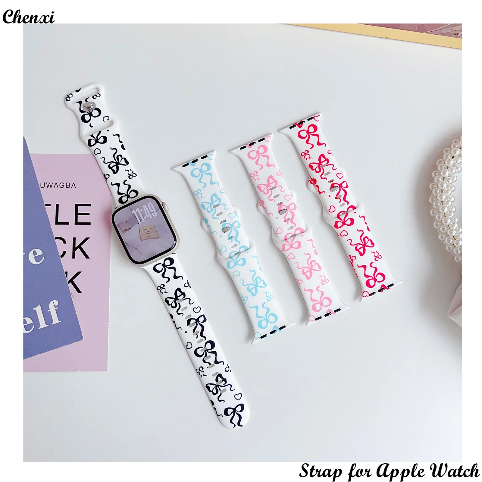 Силиконовый ремешок с принтом для Apple Watch Band, браслет с бантом и Iwatch98765SE Ultra40 41 44 45 мм Series10, милые мягкие запястья для девочек