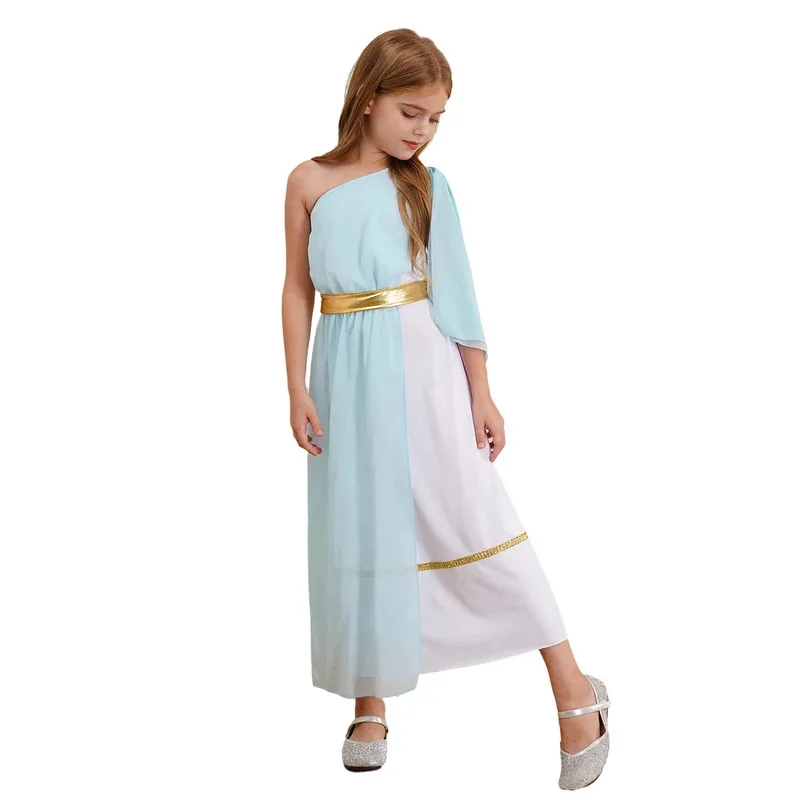 Costume cosplay per bambina, ninfa greca, toga, volant, monospalla, maxi vestito da ballo lirico, antico dio romano, per spettacolo scolastico