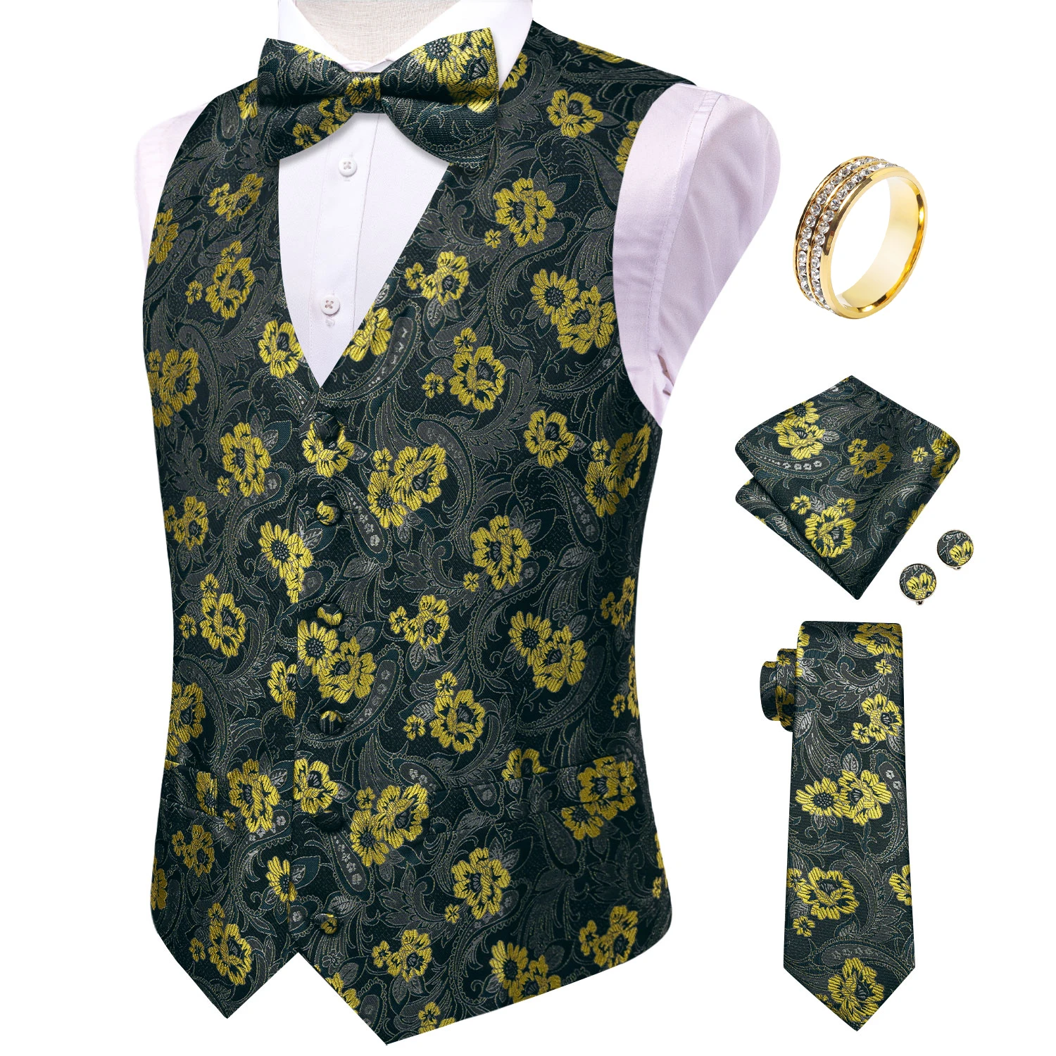 Black Yellow Floral Mens Waistcoat 6Pcs Set, Vest Tie Bowtie Pocket Square Cufflinks Ring, Formal Suit Accessories for Wedding