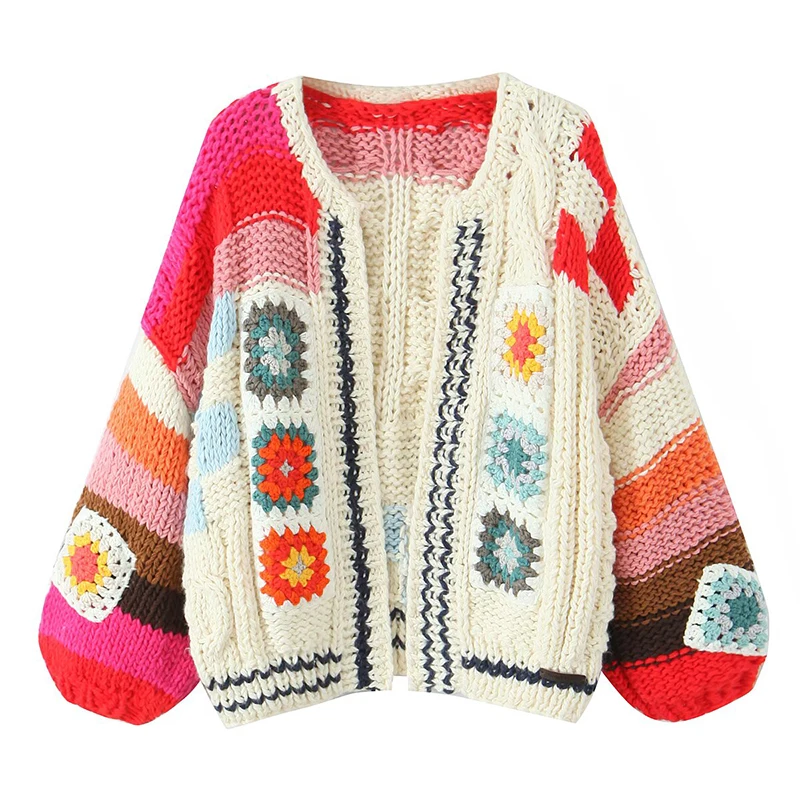 2026 Multicolor Handmade Crochet Cardigan Sweater For Women Lantern Sleeve Loose Boho Coat Autumn Winter Outerwear A4XZ
