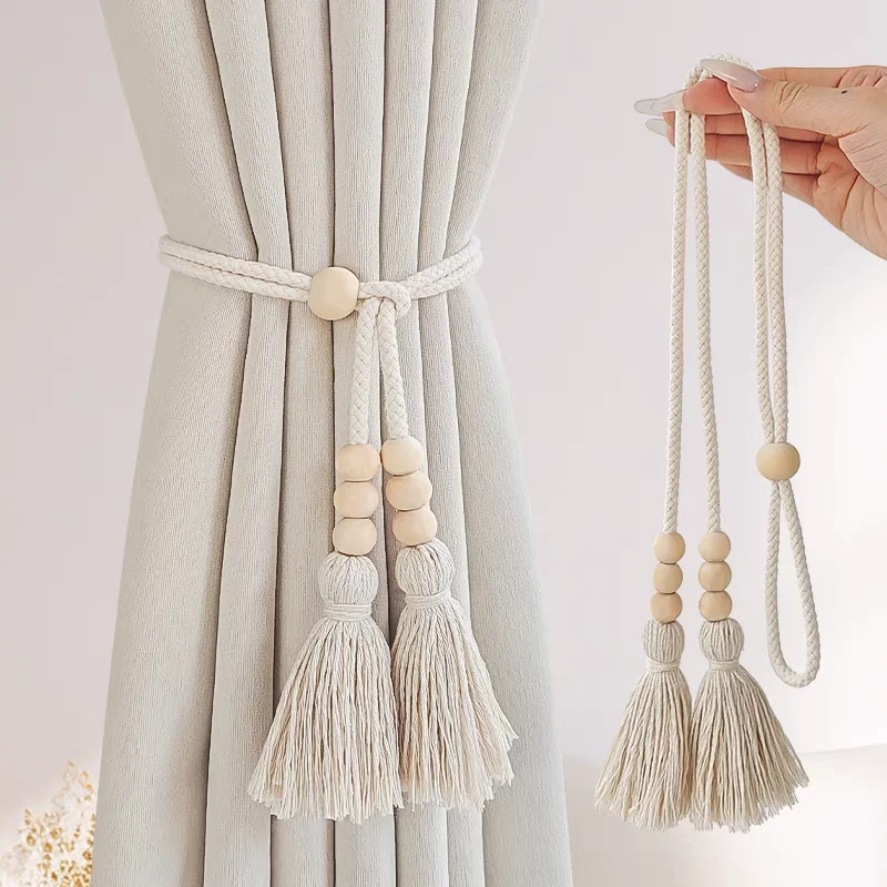 2pcs Nordic Curtain Straps, Wooden Bead Weaving, Tassel Binding Rope, Curtain Decoration