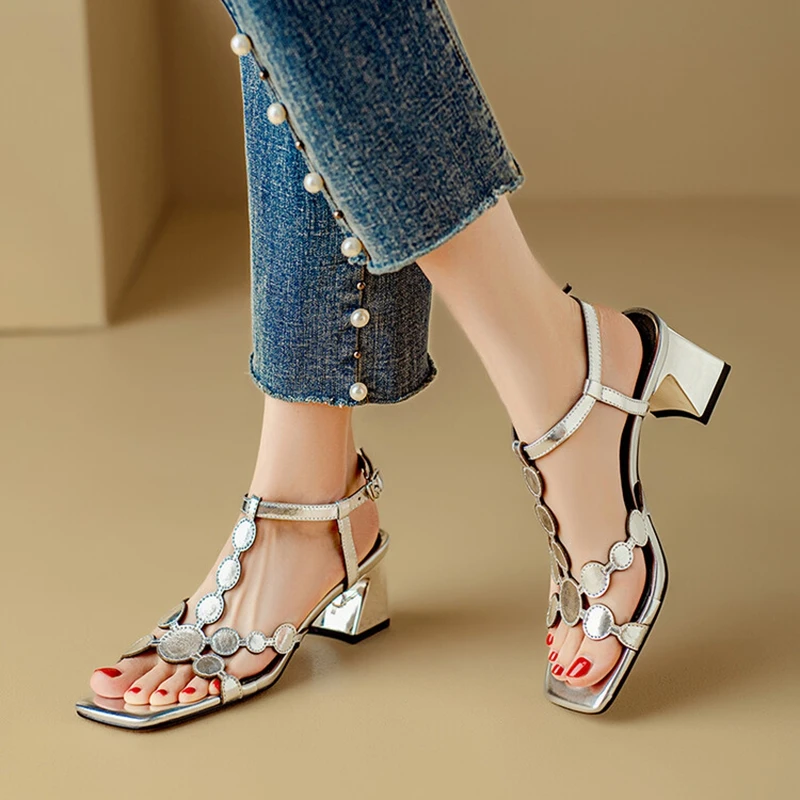 NEW Summer Women Sandals Square Toe Chunky Heel Shoes Split Leather Shoes for Women Concise Open Toe Slingback Modern Sandals