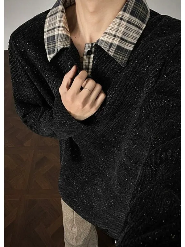 Classic Plaid Long Sleeve Collared Sweatshirt Men's Spring Autumn Casual Outerwear Trendy Polyester Fiber Non-iron Treatment