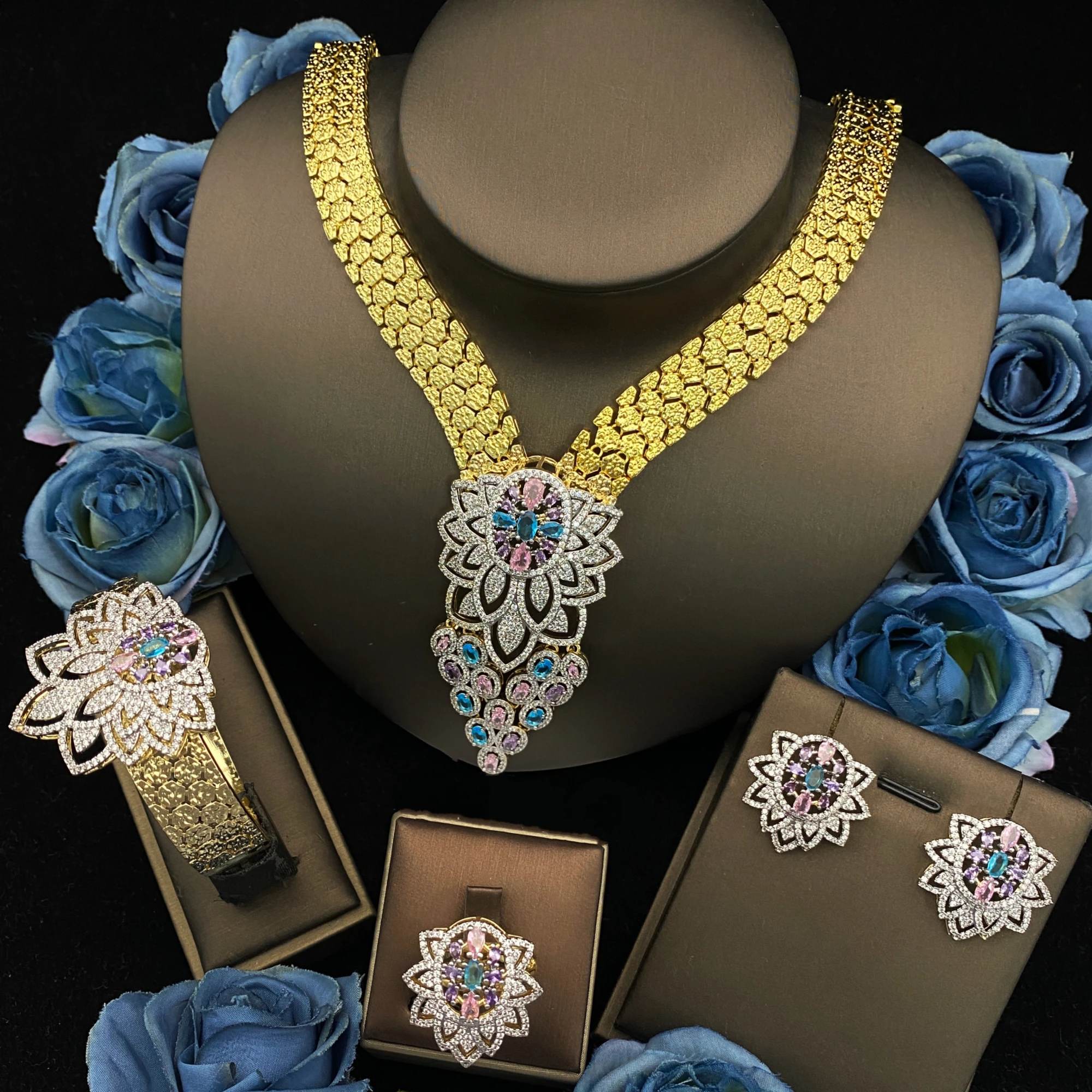 

JRH Elegant 4Pcs Cubic Zirconia Jewelry Set Gold Plated Complete Necklace Earrings Bracelet Ring Daily Luxury Party Gift