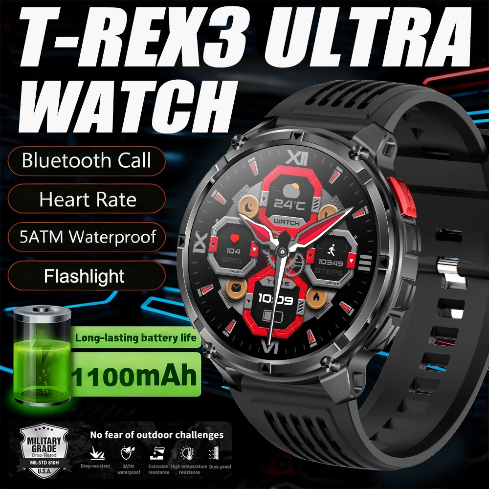 2025 جديد T-Rex3 Ultra 1100mAh بطارية ساعة ذكية لتحديد المواقع المسار البوصلة IP69K مقاوم للماء الرياضة المقتفي في الهواء الطلق العسكرية Smartwatch #1
