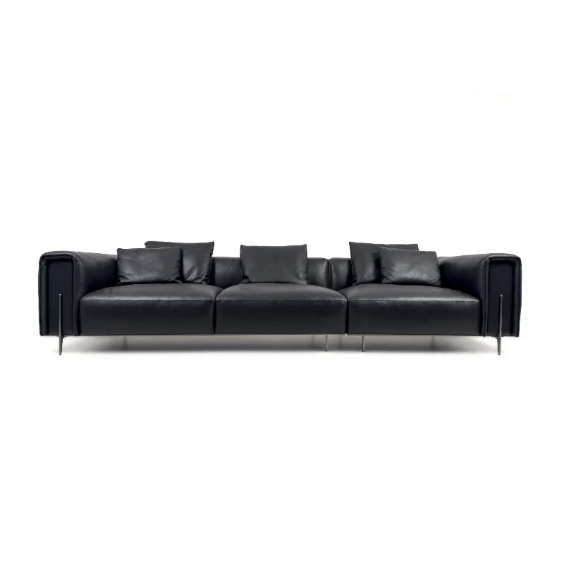 Italian Minimalist Black Leather-Like 3-Seater Sofa with Metal Legs, Modern Straight Couch