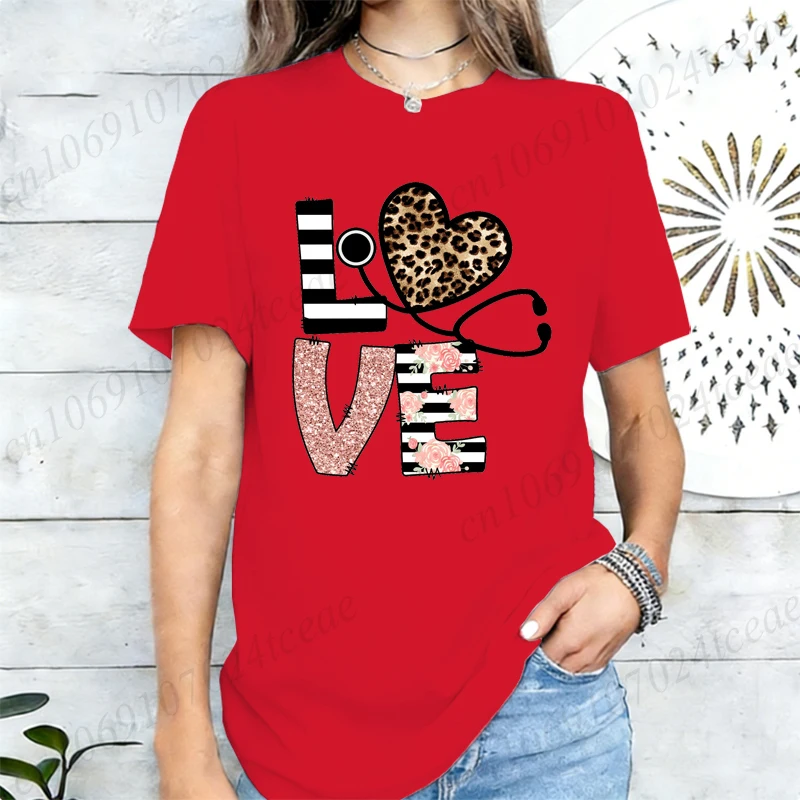 LOVE Stethoscope Heart Rose T-Shirts,Leopard Nurse T Shirt for Women,Nurse Week Gift,short Sleeve Tees,summer Fashion Shirts