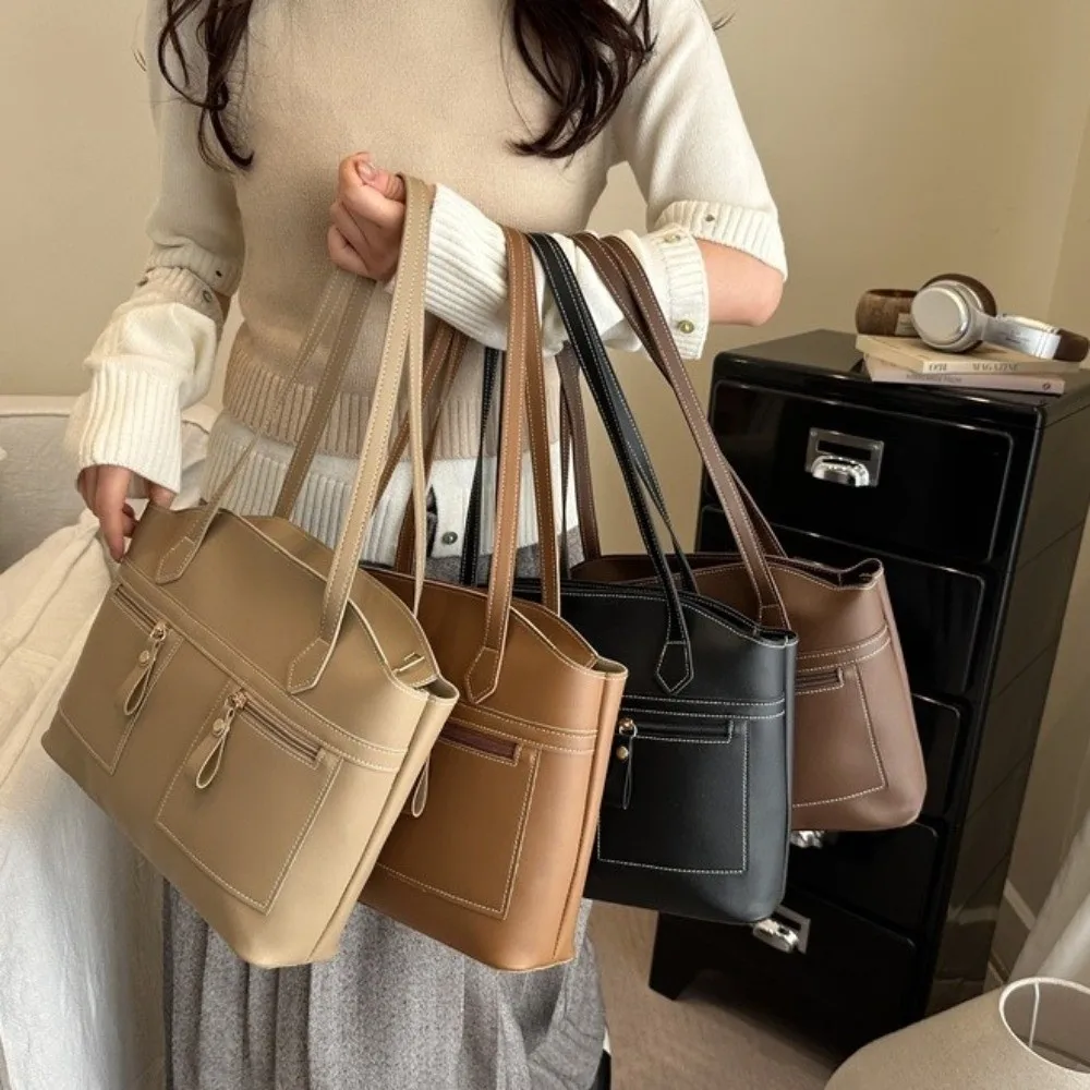 

New Large Capacity Double Pockets Commuting Bag Vintage PU Leather Underarm Bag Versatile Stylish Handbag Daily